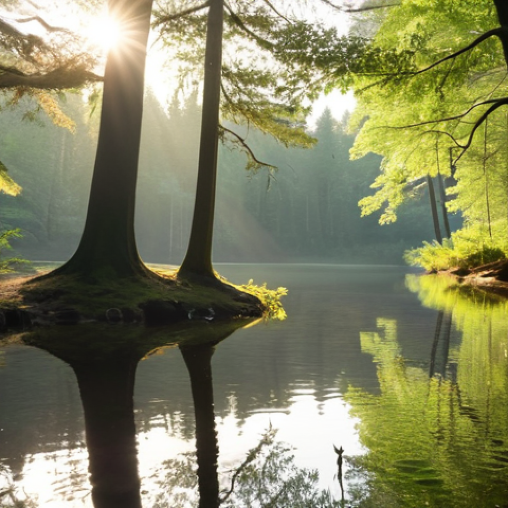 **Meditative Journey Setting**: 
   "A serene forest landscape with soft sunlight filtering through the trees, creating a peaceful atmosphere. A tranquil lake reflects the surrounding nature, inviting a sense of calm and introspection. The scene should evoke feelings of solitude and harmony with nature."