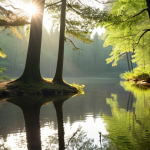 **Meditative Journey Setting**: 
   "A serene forest landscape with soft sunlight filtering through the trees, creating a peaceful atmosphere. A tranquil lake reflects the surrounding nature, inviting a sense of calm and introspection. The scene should evoke feelings of solitude and harmony with nature."