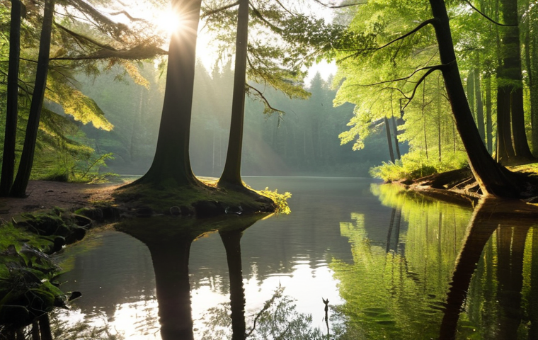 **Meditative Journey Setting**: 
   "A serene forest landscape with soft sunlight filtering through the trees, creating a peaceful atmosphere. A tranquil lake reflects the surrounding nature, inviting a sense of calm and introspection. The scene should evoke feelings of solitude and harmony with nature."