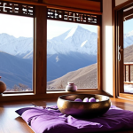 ** A serene and tidy meditation space in a cozy corner of a room. Soft, diffused light streams in, illuminating a comfortable zafu cushion and a small, unlit lavender-scented candle. In the background, a calming image of a snow-capped mountain range is visible, and a small Tibetan singing bowl rests on a nearby table.

**