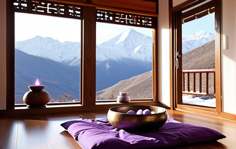 ** A serene and tidy meditation space in a cozy corner of a room. Soft, diffused light streams in, illuminating a comfortable zafu cushion and a small, unlit lavender-scented candle. In the background, a calming image of a snow-capped mountain range is visible, and a small Tibetan singing bowl rests on a nearby table.

**