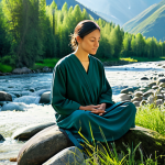 A person in modest, comfortable outdoor clothing, seated in a tranquil meditative pose amidst a serene landscape reminiscent of the Altai Mountains. A clear, gentle mountain river flows nearby, reflecting the soft light of a diffused morning sky. Lush green vegetation and smooth granite rocks surround the scene, emphasizing a deep connection with nature. The overall atmosphere is peaceful and contemplative. fully clothed, appropriate attire, modest clothing, professional dress, safe for work, appropriate content, perfect anatomy, correct proportions, natural pose, well-formed hands, proper finger count, natural body proportions, professional photography, high quality, family-friendly.