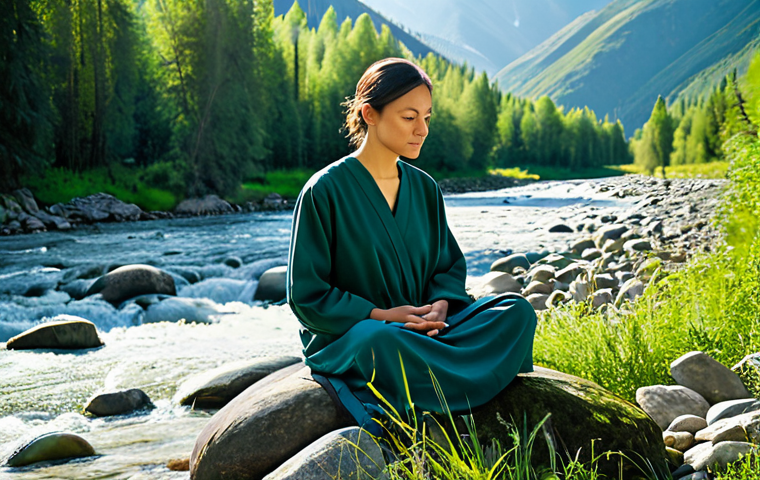 A person in modest, comfortable outdoor clothing, seated in a tranquil meditative pose amidst a serene landscape reminiscent of the Altai Mountains. A clear, gentle mountain river flows nearby, reflecting the soft light of a diffused morning sky. Lush green vegetation and smooth granite rocks surround the scene, emphasizing a deep connection with nature. The overall atmosphere is peaceful and contemplative. fully clothed, appropriate attire, modest clothing, professional dress, safe for work, appropriate content, perfect anatomy, correct proportions, natural pose, well-formed hands, proper finger count, natural body proportions, professional photography, high quality, family-friendly.