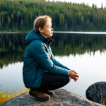 A serene individual, fully clothed in modest, comfortable outdoor attire including a warm, professional-looking jacket and practical trousers. They stand peacefully on a rocky outcrop overlooking a vast, pristine forest and a calm lake in the tranquil Russian wilderness, reminiscent of Karelia or Altai. The scene is bathed in soft, early morning light, emphasizing the crisp and clear air. Their hands are gently clasped, and eyes are closed in quiet contemplation, embracing the profound tranquility of nature. This is a professional photograph, high in detail, featuring perfect anatomy, correct proportions, a natural pose, well-formed hands, proper finger count, and natural body proportions. The content is safe for work, appropriate, and family-friendly.