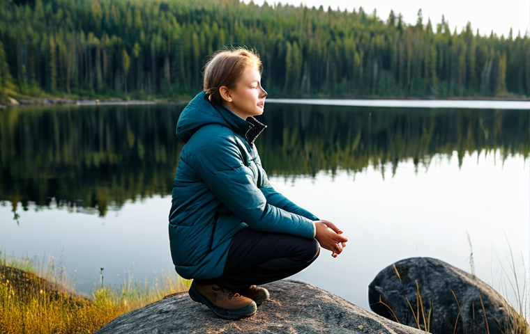 A serene individual, fully clothed in modest, comfortable outdoor attire including a warm, professional-looking jacket and practical trousers. They stand peacefully on a rocky outcrop overlooking a vast, pristine forest and a calm lake in the tranquil Russian wilderness, reminiscent of Karelia or Altai. The scene is bathed in soft, early morning light, emphasizing the crisp and clear air. Their hands are gently clasped, and eyes are closed in quiet contemplation, embracing the profound tranquility of nature. This is a professional photograph, high in detail, featuring perfect anatomy, correct proportions, a natural pose, well-formed hands, proper finger count, and natural body proportions. The content is safe for work, appropriate, and family-friendly.