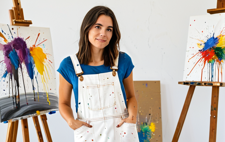 ** A professional female artist in a modest, paint-splattered overall dress, standing in a bright, airy art studio, surrounded by canvases and paintbrushes. Fully clothed, appropriate content, safe for work. Perfect anatomy, correct proportions, natural pose, well-formed hands, proper finger count, natural body proportions, professional photography, high quality.

**