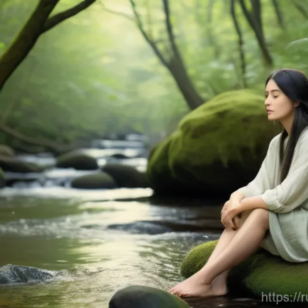 명상적 여행을 위한 동반자 찾기 - A serene and contemplative woman, approximately 30 years old, with long, dark hair gently styled, si...