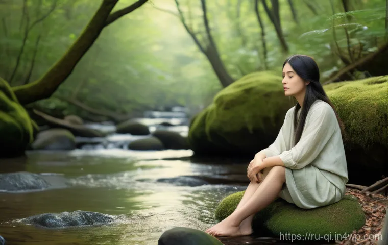 명상적 여행을 위한 동반자 찾기 - A serene and contemplative woman, approximately 30 years old, with long, dark hair gently styled, si...