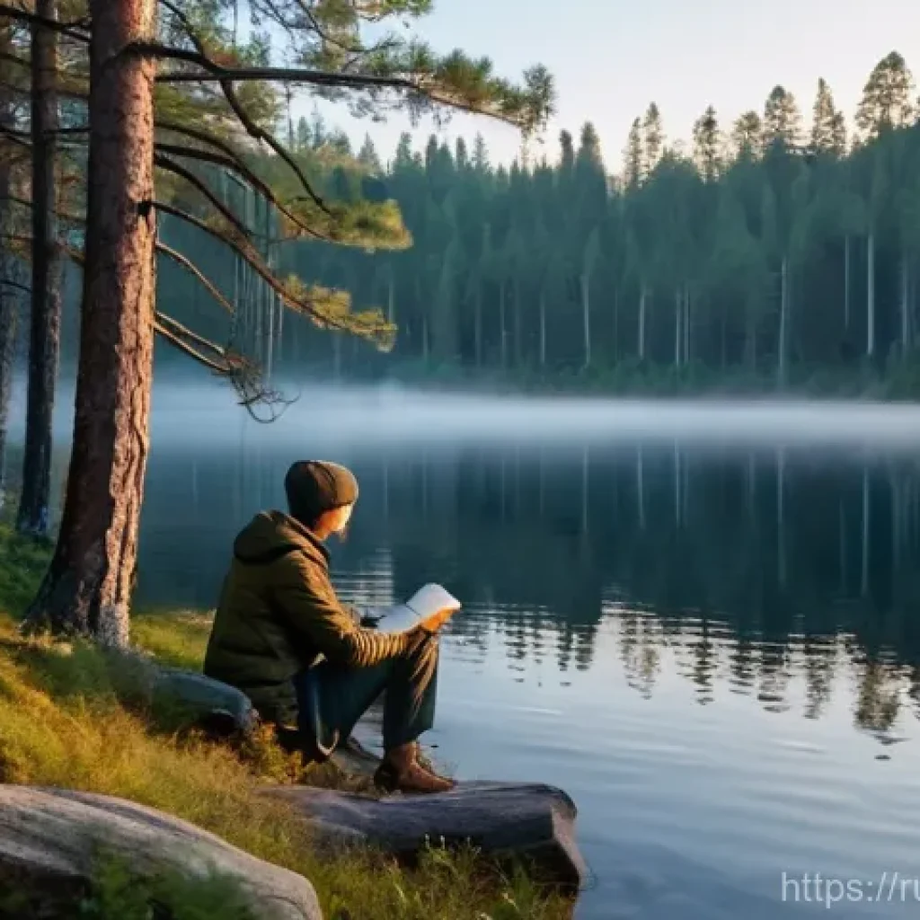 명상적 여행의 효과적인 일정 짜기 - A serene morning scene in a secluded Russian national park, reminiscent of Karelia. A person, dresse...