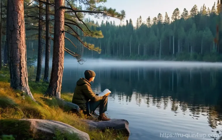 명상적 여행의 효과적인 일정 짜기 - A serene morning scene in a secluded Russian national park, reminiscent of Karelia. A person, dresse...