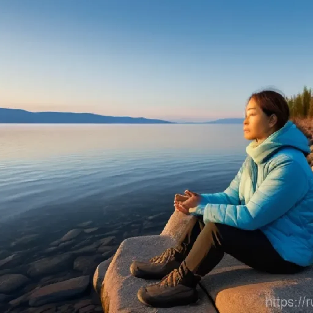 명상적 여행과 아트 테라피의 연결 - **Meditative Serenity by Lake Baikal:**
"A woman, fully clothed in warm, comfortable outdoor att...