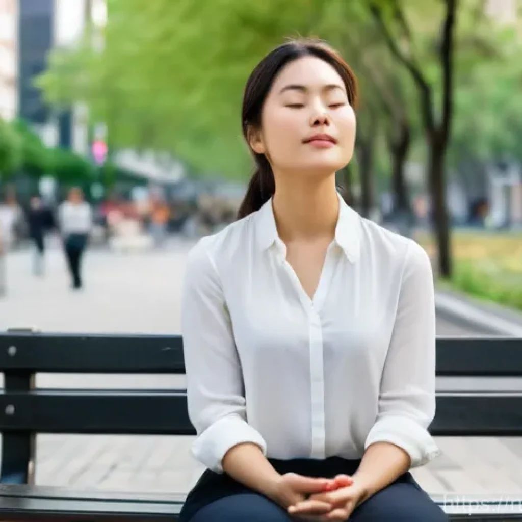 자기 발전을 위한 명상적 여행 - **Prompt:** A serene young professional in her late 20s, dressed in smart casual attire, meditating ...