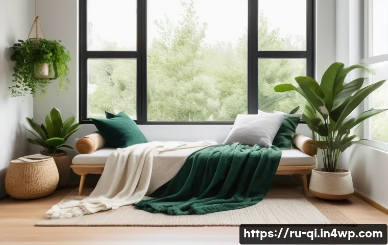 명상적 여행을 위한 환경 조성 - A cozy meditation corner in a modern apartment with soft natural light filtering through large windo...
