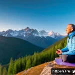 Home 21 명상적 여행에서의 심리적 변화 관찰 - A serene scene of a middle-aged Russian traveler practicing mindfulness meditation on a rocky mounta...