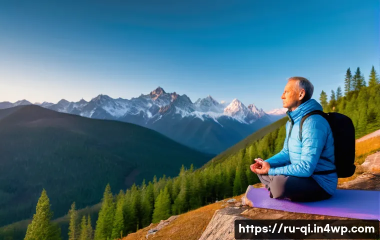 명상적 여행에서의 심리적 변화 관찰 - A serene scene of a middle-aged Russian traveler practicing mindfulness meditation on a rocky mounta...