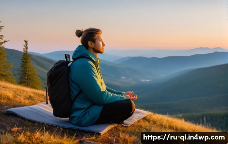 명상적 여행의 다양한 효과 - A serene scene of a traveler meditating at sunrise on a quiet mountain peak in the Russian countrysi...