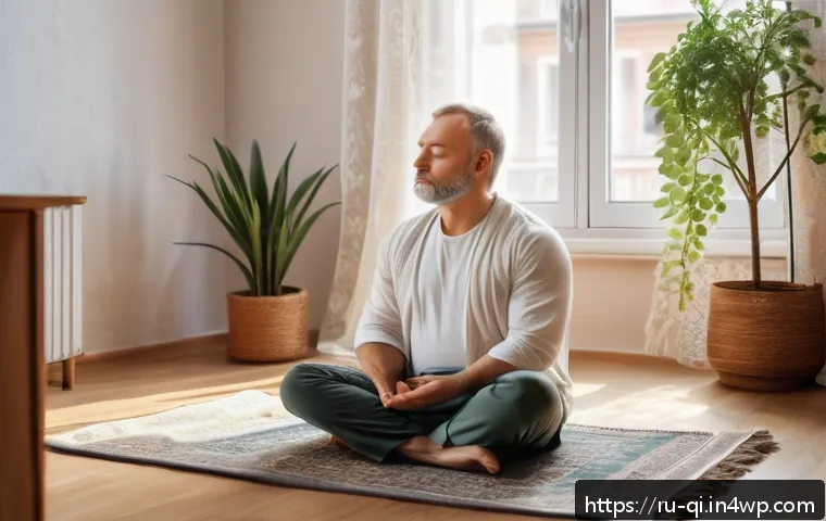 명상적 여행의 사례 연구 - A peaceful early morning meditation scene set in a cozy Russian apartment living room, soft natural ...