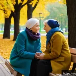 Home 23 명상적 여행 중 만난 사람들의 이야기 - A warm, intimate scene in a cozy urban park in Moscow during early autumn, featuring a middle-aged R...