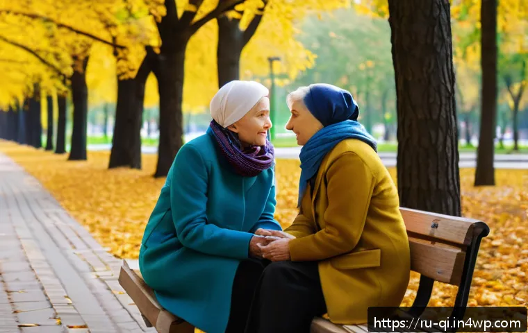 명상적 여행 중 만난 사람들의 이야기 - A warm, intimate scene in a cozy urban park in Moscow during early autumn, featuring a middle-aged R...