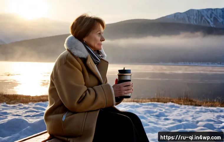 명상적 여행의 개인적 가치 - Photorealistic contemplative travel scene in rural Russia, a middle-aged woman in a warm wool coat s...