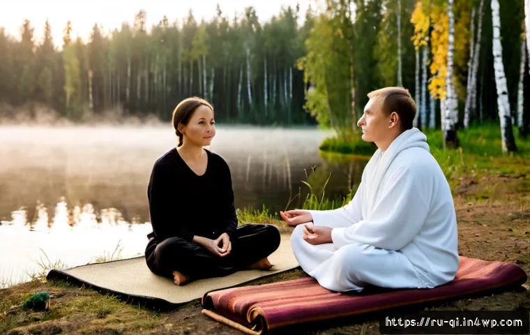 Home 17 호스트와 함께하는 명상적 여행 - Photorealistic travel meditation scene beside a calm Russian forest lake at dawn, a warm and welcomi...
