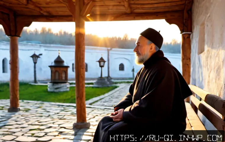 Home 17 명상적 여행의 문화적 측면 - Photorealistic cultural meditation journey in a quiet Russian Orthodox monastery courtyard at dawn, ...