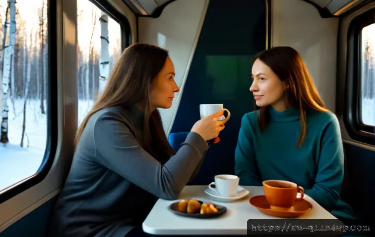 Home 17 명상적 여행을 위한 커뮤니케이션 기술 - Photorealistic mindful travel conversation in a quiet Russian long-distance train compartment, two a...
